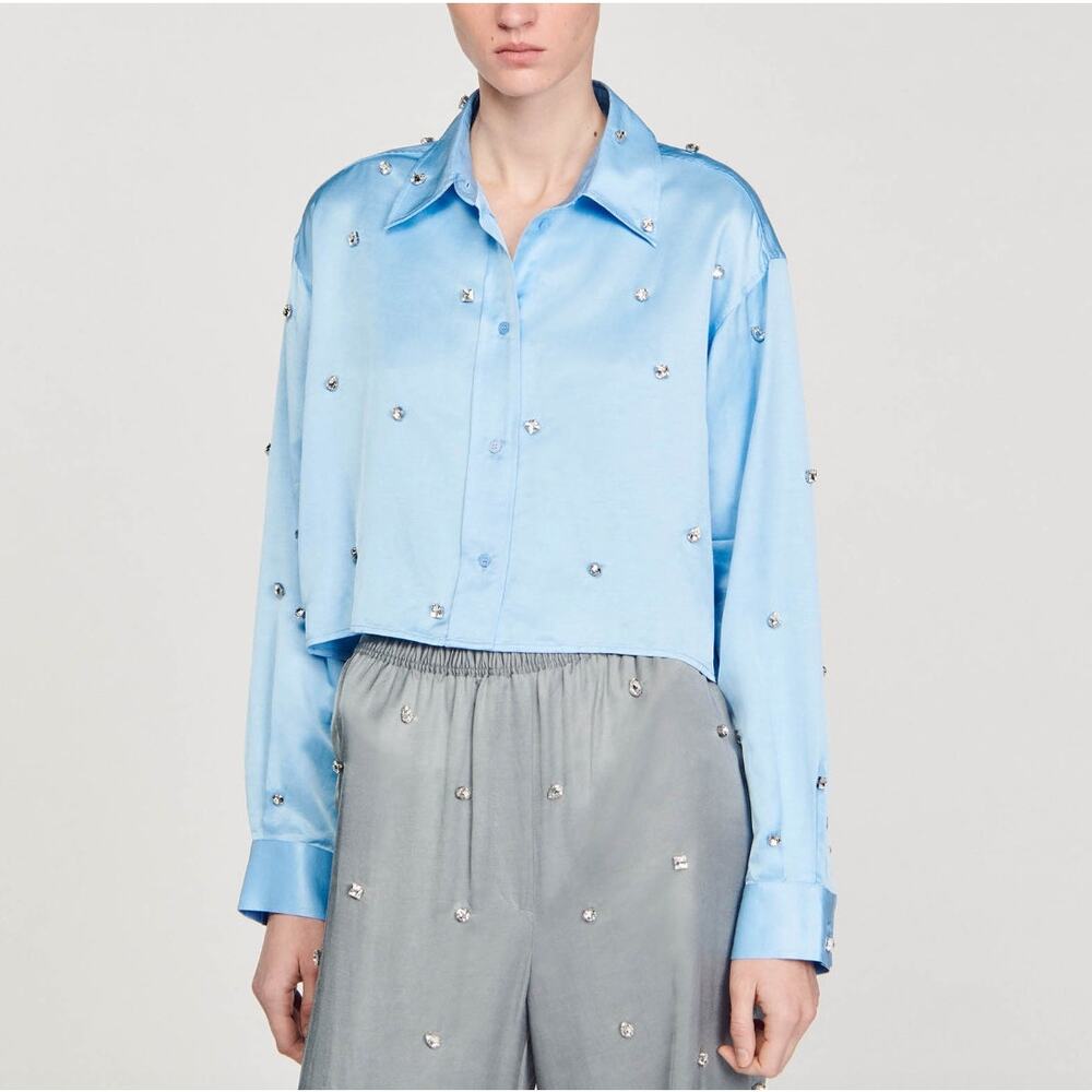 Sandro Paris Satiny Rhinestone Shirt in Sky Blue Size S - Picture 3 of 15